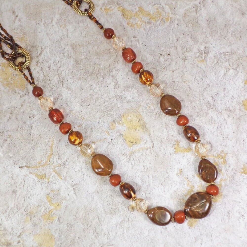 Long Brown Boho Bead Necklace Statement Jewelry w/seed beads 37.5” New